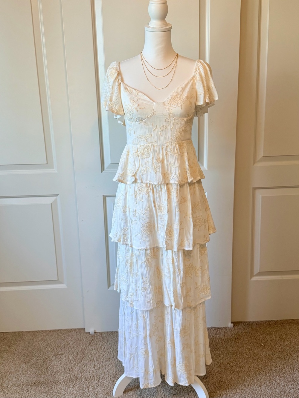 Altar'd State Ivory Tiered Embroidered Maxi Dress